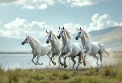 Primary subject: A group of white horses running in a field.

Setting/background: The horses are running in a grassy field with mountains in the background.

Visual style: The image is a photo of the horses in motion.

Colors and mood: The image is in black and white, giving it a classic and timeless feel. The horses' white coats contrast with the green grass and the darker tones of the mountains, creating a sense of motion and energy.