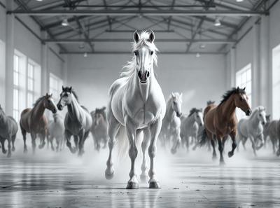Primary subject: White horse
Setting/background: A white room with a white floor
Visual style: Digital art
Colors and mood: White and clean, creating a sense of purity and elegance.