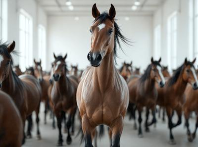 Primary subject: A brown horse with a white stripe on its face.

Setting/background: A white room with a row of windows.

Visual style: A photo of the horse.

Colors and mood: The horse is brown with a white stripe on its face, and the room is predominantly white, creating a clean and minimalist atmosphere.