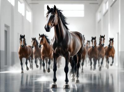 Primary subject: A black horse standing in front of a group of brown horses.

Setting/background: The scene takes place in a white room, possibly a stable or a barn.

Visual style: The image is a digital art or illustration, featuring a black horse and a group of brown horses.

Colors and mood: The dominant colors are black, brown, and white, creating a contrasting and visually striking scene. The overall atmosphere is calm and focused on the horses.