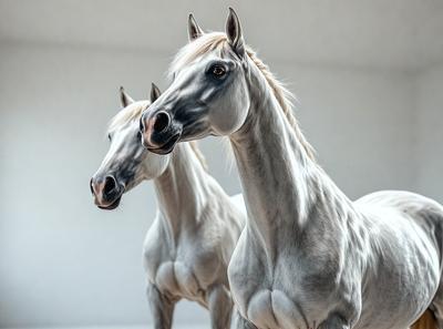 The primary subject of the image is a pair of white horses standing next to each other. They are positioned in a white room, which serves as the setting for the scene. The visual style of the image is a photo, capturing the horses in their natural environment. The dominant colors in the image are white, which creates a clean and serene atmosphere.