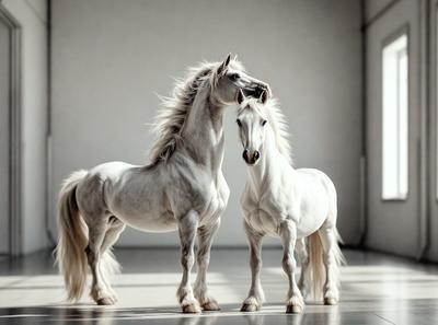 The primary subject of the image is a pair of white horses standing next to each other in a white room. The setting appears to be a studio or a controlled environment, as the horses are positioned in front of a white wall. The visual style of the image is a photo, capturing the horses in their natural form. The colors and mood of the image are predominantly white, creating a clean and serene atmosphere.