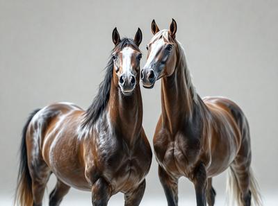 The primary subject of the image is two horses standing next to each other. They are positioned in a white room, which serves as the setting for the scene. The visual style of the image is a photo, capturing the horses in their natural environment. The colors and mood of the image are predominantly white, creating a clean and serene atmosphere.