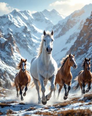 Primary subject: A white horse running in a snowy mountain range.

Setting/background: The horse is running through a snowy mountain range, with a beautiful snowy landscape in the background.

Visual style: The image is a photo of the horse running in the snow.

Colors and mood: The image has a cold and snowy atmosphere, with the white horse standing out against the snowy background.