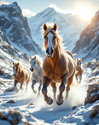 Primary subject: A brown horse running in the snow.

Setting/background: A snowy mountain range in the background.

Visual style: A photo of the horse running in the snow.

Colors and mood: The image is in black and white, giving it a classic and timeless feel. The snowy mountain range adds a sense of serenity and beauty to the scene.