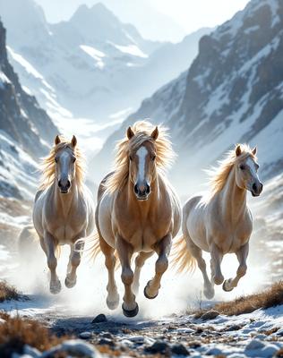 Primary subject: Three horses running down a snowy mountain.

Setting/background: The snowy mountain with a valley in the background.

Visual style: The image is a photo of the three horses running down the snowy mountain.

Colors and mood: The image has a cold and snowy atmosphere, with the white snow and the horses' golden coats contrasting against the darker background.