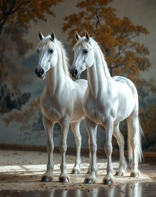 The primary subject of the image is a pair of white horses standing next to each other. They are positioned in front of a wall, which serves as the setting or background of the scene. The visual style of the image is a photo, capturing the horses in their natural environment. The colors and mood of the image are predominantly white, giving it a clean and serene atmosphere.