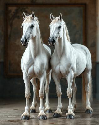The primary subject of the image is two white horses standing next to each other in a room. The setting appears to be a room with a wall, and the visual style is a photo. The horses are the main focus of the image, and their white color and the room's environment create a calm and serene atmosphere.