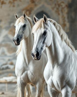 The primary subject of the image is a pair of white horses standing next to each other. They are positioned in front of a wall, which serves as the setting or background of the scene. The visual style of the image is a photo, capturing the horses in their natural environment. The colors and mood of the image are predominantly white, giving it a clean and serene atmosphere.