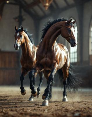 Primary subject: Two brown horses running in a barn.

Setting/background: The horses are running in a barn, with a wooden wall visible in the background.

Visual style: The image is a photo of the two horses running in the barn.

Colors and mood: The image has a warm and natural color palette, with the brown horses and wooden wall creating a sense of movement and energy.