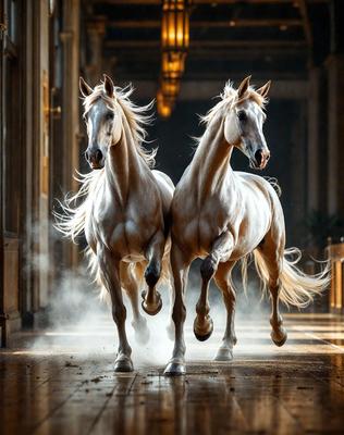 The primary subject of the image is two horses running down a hallway. The setting is indoors, with a hallway visible in the background. The visual style appears to be a photo, capturing the horses in motion. The colors in the image are predominantly white, as the horses are white, and the overall atmosphere is energetic and dynamic.