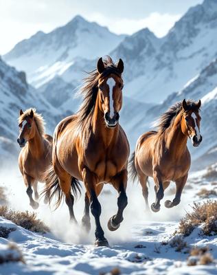 Primary subject: Three brown horses running through the snow.

Setting/background: The scene takes place in a snowy mountainous area, with the horses running through the snow.

Visual style: The image is a photo of the three horses running in the snow.

Colors and mood: The dominant colors are brown and white, with the snow adding a cold and wintry atmosphere to the scene.