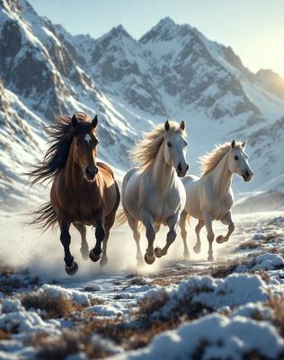 Primary subject: Three horses running in the snow.

Setting/background: A snowy mountain range serves as the backdrop for the scene.

Visual style: The image is a photo of the three horses running in the snow.

Colors and mood: The dominant colors are white and brown, with the snow creating a cold and serene atmosphere.