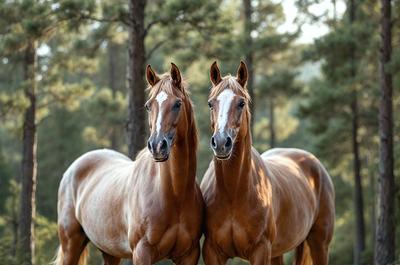 Primary subject: Two brown horses standing next to each other.

Setting/background: The horses are standing in a forest, surrounded by trees.

Visual style: The image is a photo of the two horses.

Colors and mood: The horses are brown, and the overall atmosphere is natural and serene.