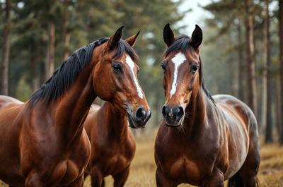 The primary subject of the image is a pair of brown horses standing next to each other in a grassy field. The setting is a natural environment with trees in the background. The visual style is a photo, capturing the horses in their natural habitat. The colors and mood of the image are warm and serene, with the horses appearing calm and content as they stand together.
