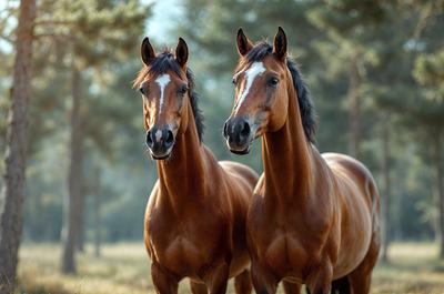 The primary subject of the image is two brown horses standing next to each other in a grassy field. The setting is a natural environment with trees in the background. The visual style is a photo, capturing the horses in their natural habitat. The colors and mood of the image are warm and serene, with the horses appearing calm and content as they stand together.