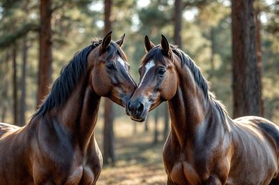 Primary subject: Two horses standing next to each other.

Setting/background: The horses are standing in a forest, surrounded by trees.

Visual style: The image is a photo of the two horses.

Colors and mood: The image has a warm and natural color palette, with the horses' brown coats and the greenery of the forest. The mood of the image is serene and peaceful, as the horses are standing close to each other in a calm environment.