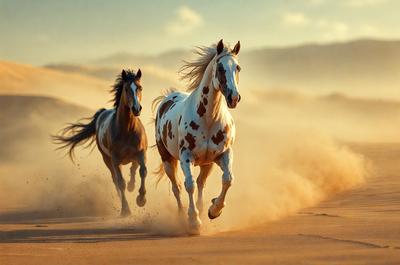 Primary subject: Two horses running on a sandy beach.

Setting/background: The horses are running on a sandy beach, with a mountainous background.

Visual style: The image is a photo of the two horses running on the beach.

Colors and mood: The image has a warm and vibrant color palette, with the horses' white and brown coats contrasting against the sandy background. The overall atmosphere is energetic and dynamic, as the horses are captured in motion.