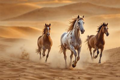 Primary subject: Three horses running in the sand.

Setting/background: A desert landscape with sand and dirt.

Visual style: A photo of the horses running in the sand.

Colors and mood: The image is in sepia tone, giving it a warm and nostalgic atmosphere.