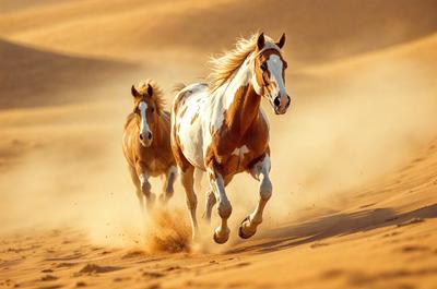 The primary subject of the image is a brown and white horse running through a sandy area. The setting is a desert-like environment, with sand and dust flying around the horse as it gallops. The visual style of the image is a photo, capturing the horse in motion. The dominant colors in the image are brown, white, and various shades of sand and dust, creating a warm and dusty atmosphere.