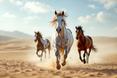 Primary subject: A white horse running in the desert.

Setting/background: The horse is running on a sandy surface, with a mountain visible in the background.

Visual style: The image is a photo of the horse in motion.

Colors and mood: The image has a warm and natural color palette, with the white horse standing out against the sandy background. The overall atmosphere is energetic and dynamic, as the horse is captured in motion.