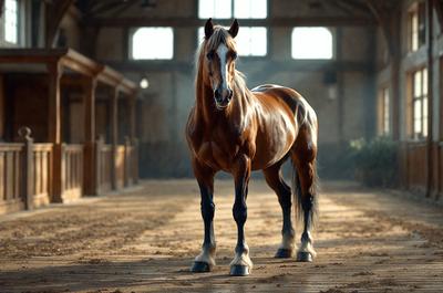 Primary subject: A brown horse standing in a barn.

Setting/background: The horse is standing in a barn, surrounded by a dirt floor.

Visual style: The image is a photo of the horse in the barn.

Colors and mood: The horse is brown, and the overall atmosphere of the image is calm and serene.