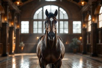 Primary subject: A brown horse with a white stripe on its face.

Setting/background: The horse is standing in a room with a wooden floor, and there are windows in the background.

Visual style: The image is a photo of the horse.

Colors and mood: The horse has a brown and white color, and the overall atmosphere is calm and focused.