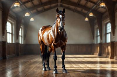 Primary subject: A brown horse standing in a barn.

Setting/background: The horse is standing in a barn, surrounded by wooden walls and a wooden floor.

Visual style: The image is a photo of the horse in the barn.

Colors and mood: The horse is brown, and the barn has a warm and rustic atmosphere.