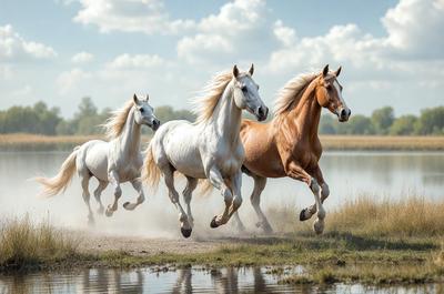 Primary subject: Three horses running through a field.

Setting/background: A grassy field with a body of water nearby.

Visual style: A photo of the horses running.

Colors and mood: The image is in color, and the horses appear to be running freely and joyfully.