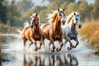 The primary subject of the image is a group of four horses running through a body of water. The setting is a natural environment, with the water providing a backdrop for the horses. The visual style of the image is a photo, capturing the horses in motion. The colors and mood of the image are vibrant and energetic, as the horses are running and splashing through the water.