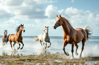 Primary subject: Three horses running on a beach.

Setting/background: The beach is wet and sandy, with a body of water nearby.

Visual style: The image is a photo of the three horses running on the beach.

Colors and mood: The colors in the image are predominantly shades of brown, white, and blue, creating a natural and serene atmosphere.