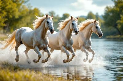 Primary subject: Four white horses running through a body of water.

Setting/background: The horses are running through a lake or a river, with trees in the background.

Visual style: The image is a photo of the four horses in motion.

Colors and mood: The scene is dominated by the colors white and blue, with the water and the sky providing a serene and calming atmosphere.