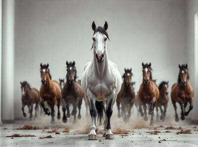 Primary subject: A white horse with a black mane.

Setting/background: A dirt road with a dusty surface.

Visual style: A black and white photo.

Colors and mood: The image is black and white, giving it a classic and timeless feel. The white horse stands out against the dusty road, creating a sense of motion and energy.