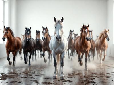 The primary subject of the image is a white horse, which is the center of attention in the scene. The horse is surrounded by a group of brown horses, creating a diverse and dynamic composition. The setting appears to be a white room, which serves as the background for the scene. The visual style of the image is a combination of photo and digital art, giving it a unique and artistic appearance. The colors in the image are predominantly white and brown, which contribute to the overall mood of the scene.
