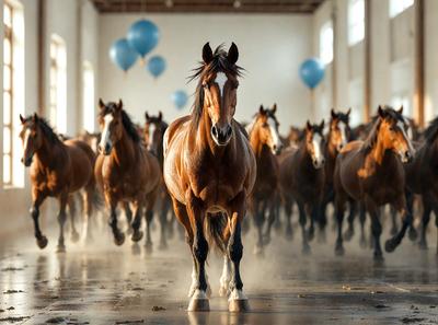 Primary subject: A brown horse with a white stripe on its face.

Setting/background: A large room with a white wall.

Visual style: A photo of the horse.

Colors and mood: The horse is brown and white, and the overall atmosphere is calm and focused.