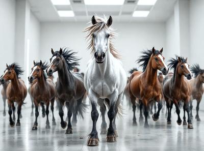Primary subject: A white horse with a flowing mane.

Setting/background: A white room with a concrete floor.

Visual style: A black and white photo.

Colors and mood: The image is black and white, giving it a classic and timeless feel. The white horse stands out against the white room, creating a sense of elegance and grace.