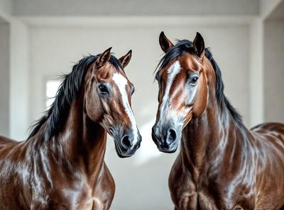 The primary subject of the image is two horses standing next to each other. They are positioned in a room, possibly a stable or a barn. The setting appears to be indoors, with a wall visible in the background. The visual style of the image is a black and white photo, which adds a classic and timeless feel to the scene. The colors and mood of the image are predominantly dark, with the horses being the main focus and source of contrast.