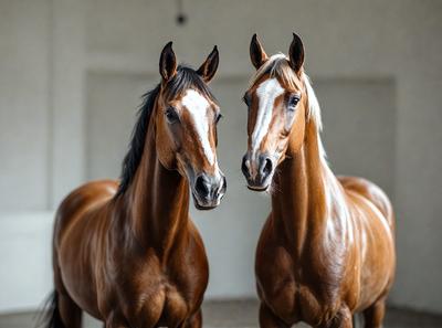 The primary subject of the image is two brown horses standing next to each other. They are positioned in a room, possibly a stable or a barn, with a white wall in the background. The visual style of the image is a photo, capturing the horses' close-up expressions and details. The colors and mood of the image are warm and inviting, with the brown horses and the white wall creating a sense of calm and tranquility.