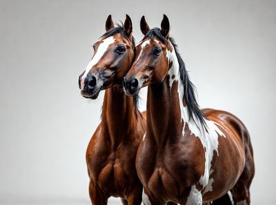 The primary subject of the image is two brown and white horses standing next to each other. They are positioned in front of a white wall, which serves as the setting or background. The visual style of the image is a photo, capturing the horses in their natural environment. The colors and mood of the image are predominantly brown and white, creating a sense of harmony and balance between the two horses.