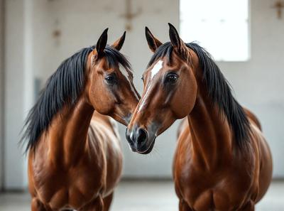 The primary subject of the image is two brown horses standing next to each other. They are positioned in a dark room, which serves as the setting for the scene. The visual style of the image is a black and white photo, giving it a classic and timeless appearance. The dominant colors in the image are brown and black, creating a moody and dramatic atmosphere.