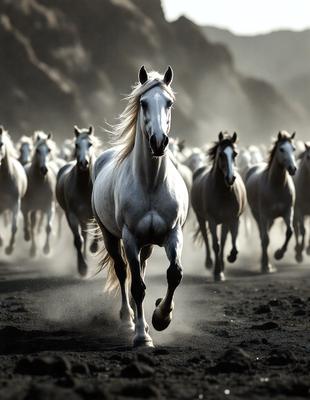 Primary subject: A white horse running in front of a herd of horses.

Setting/background: The scene takes place on a dirt road, with a mountain in the background.

Visual style: The image is a black and white photo.

Colors and mood: The dominant colors are black, white, and gray, creating a dramatic and moody atmosphere.