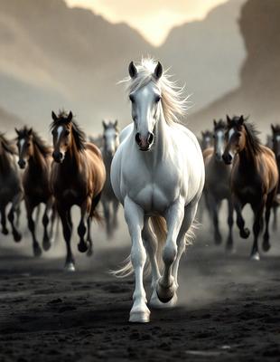 Primary subject: A white horse running through a herd of brown horses.

Setting/background: A dusty, rocky plain with a mountain in the background.

Visual style: Digital art.

Colors and mood: The white horse stands out against the brown horses, creating a sense of motion and energy. The dusty, rocky plain and mountain in the background add a sense of adventure and freedom to the scene.