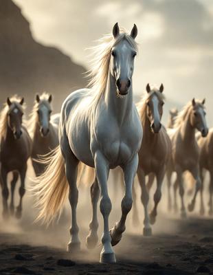 Primary subject: A white horse with a flowing mane.

Setting/background: A dusty, rocky terrain.

Visual style: Digital art.

Colors and mood: The image is in black and white, giving it a classic and timeless feel.