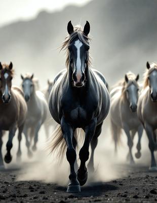 Primary subject: A black and white horse with a white stripe on its face.

Setting/background: A dirt road with a group of horses running down it.

Visual style: A photo of the horse and its surroundings.

Colors and mood: The image is black and white, giving it a classic and timeless feel. The horses and the dirt road create a sense of motion and energy.