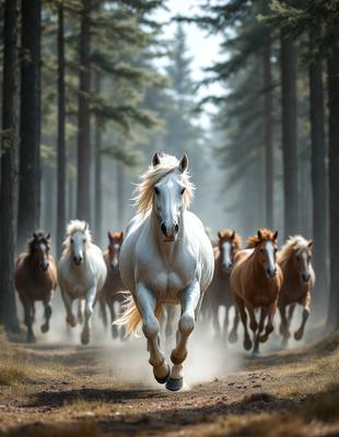 Primary subject: A white horse running through a forest.

Setting/background: The horse is running through a forest with trees surrounding it.

Visual style: The image is a photo of the horse running through the forest.

Colors and mood: The image has a natural and serene atmosphere, with the white horse standing out against the green forest.