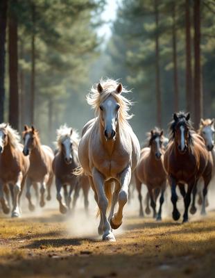 Primary subject: A white horse running through a forest.

Setting/background: The horse is running through a forest with trees in the background.

Visual style: The image is a photo of the horse running through the forest.

Colors and mood: The image has a vibrant and lively atmosphere, with the white horse standing out against the green forest.