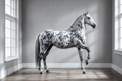 Primary subject: A spotted horse standing on a wooden floor.

Setting/background: The horse is standing in a room with a white wall.

Visual style: The image is a digital art or illustration of a horse.

Colors and mood: The horse has a black and white color pattern, and the overall atmosphere is calm and serene.