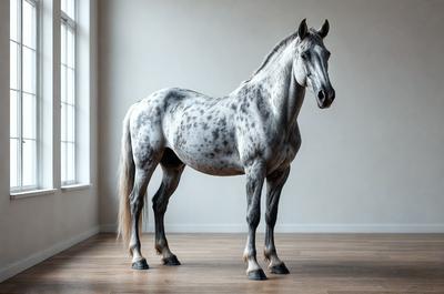 Primary subject: A large gray horse standing in a room.

Setting/background: The horse is standing in a room with a white wall.

Visual style: The image is a photo of the horse.

Colors and mood: The horse is the dominant color, and the overall atmosphere is calm and serene.