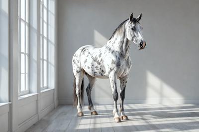 Primary subject: A white horse with a spotted pattern.

Setting/background: A white wall.

Visual style: A photo of the horse.

Colors and mood: The horse is white, and the overall atmosphere is calm and serene.