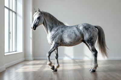 Primary subject: A white horse with a black mane and tail.

Setting/background: The horse is standing in a white room, possibly a barn or a stable.

Visual style: The image is a photo of the horse.

Colors and mood: The horse is the main focus of the image, and its white color contrasts with the white room, creating a clean and serene atmosphere.